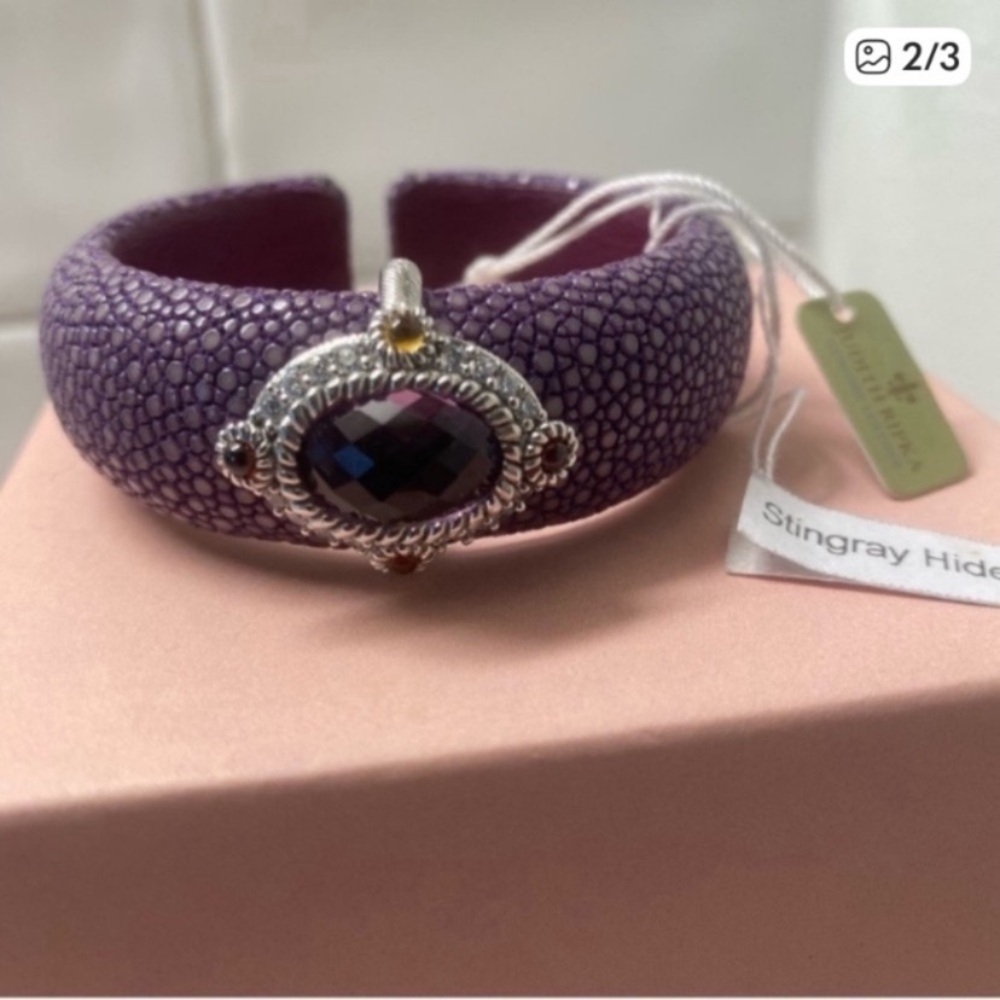 Judith Ripka Purple Stingray Leather cuff with Amethyst/citrine Gemstone